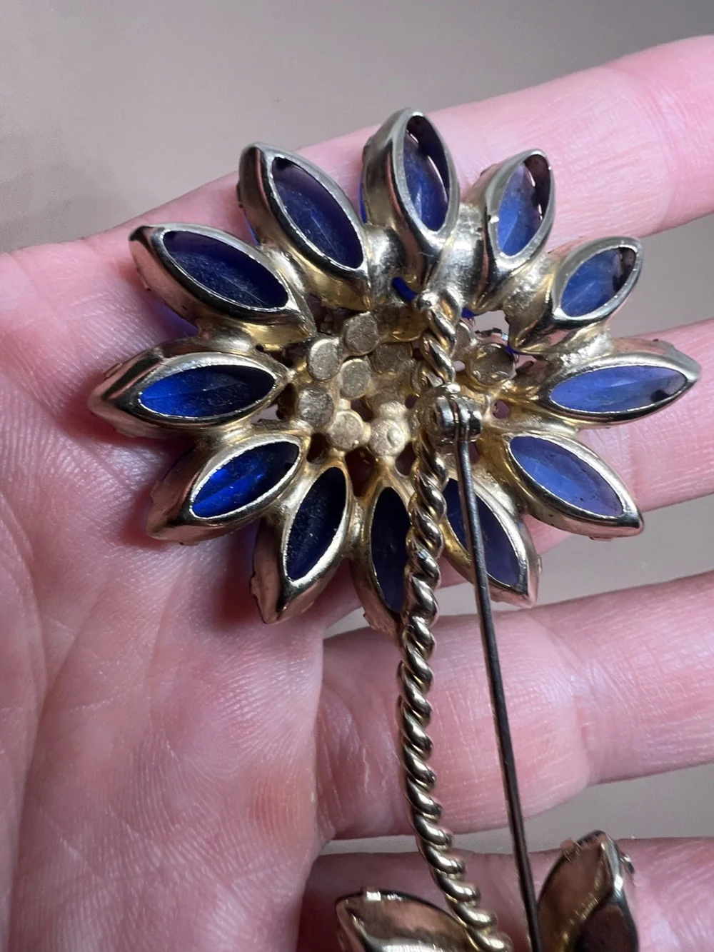 WEISS Signed Blue and Green Floral Crystal Brooch